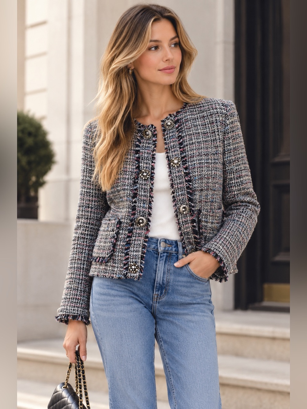 Zara Classic Tweed Fringe-Trim Jacket in Multi-Color